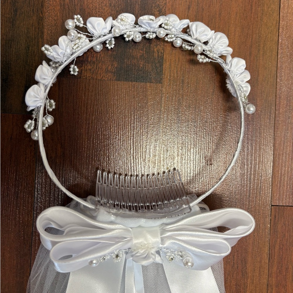 White Floral Bridal Headband with Bow